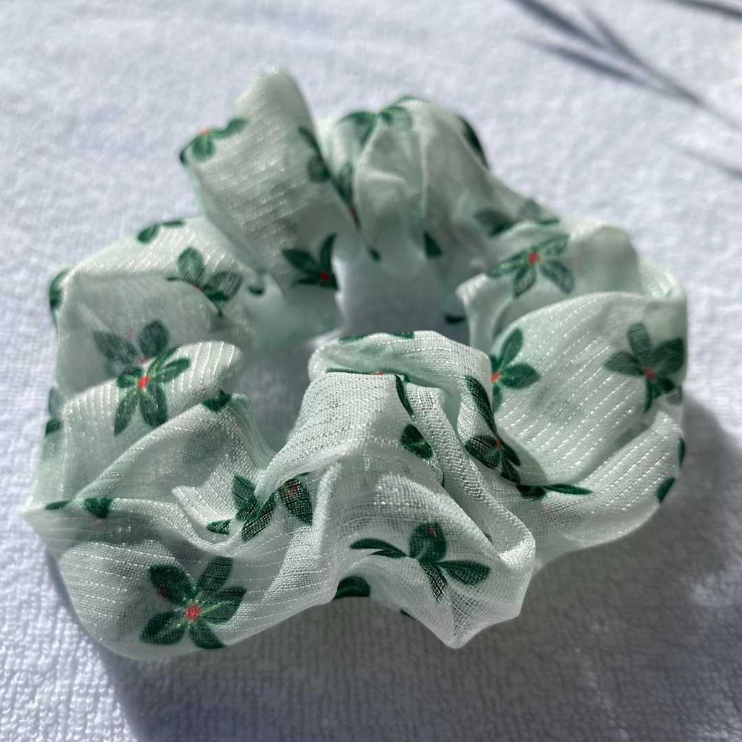 Mini Chiffon Green Flower Scrunchie