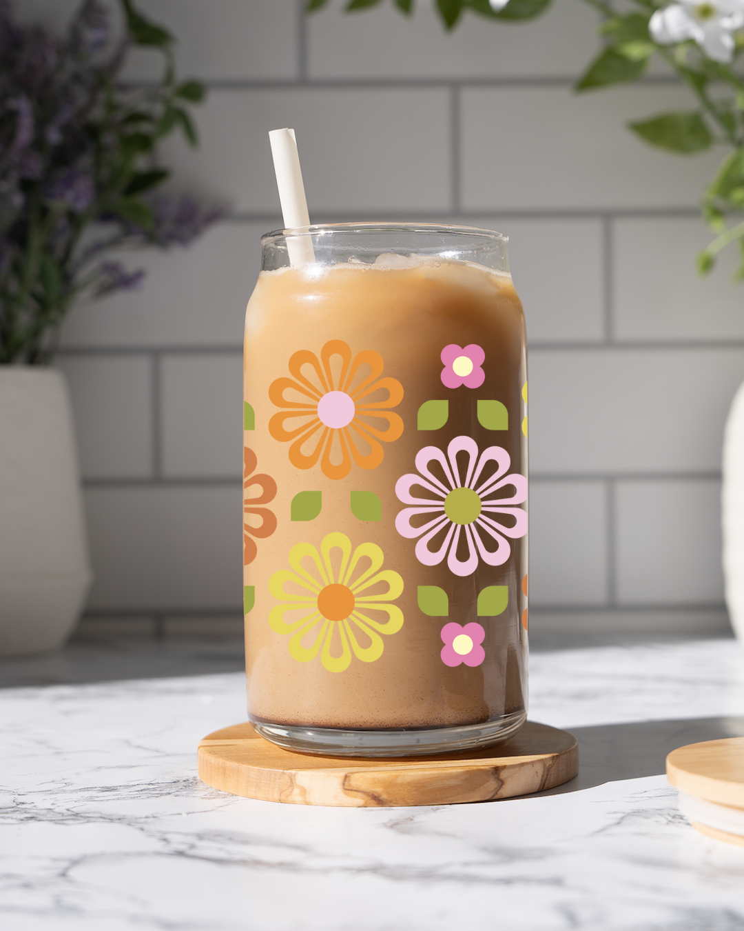 Retro Flowers Glass Cup